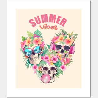 Three Tropical skull head with sunglasses,bubble gum balloon and headphones, leaves and flowers Posters and Art